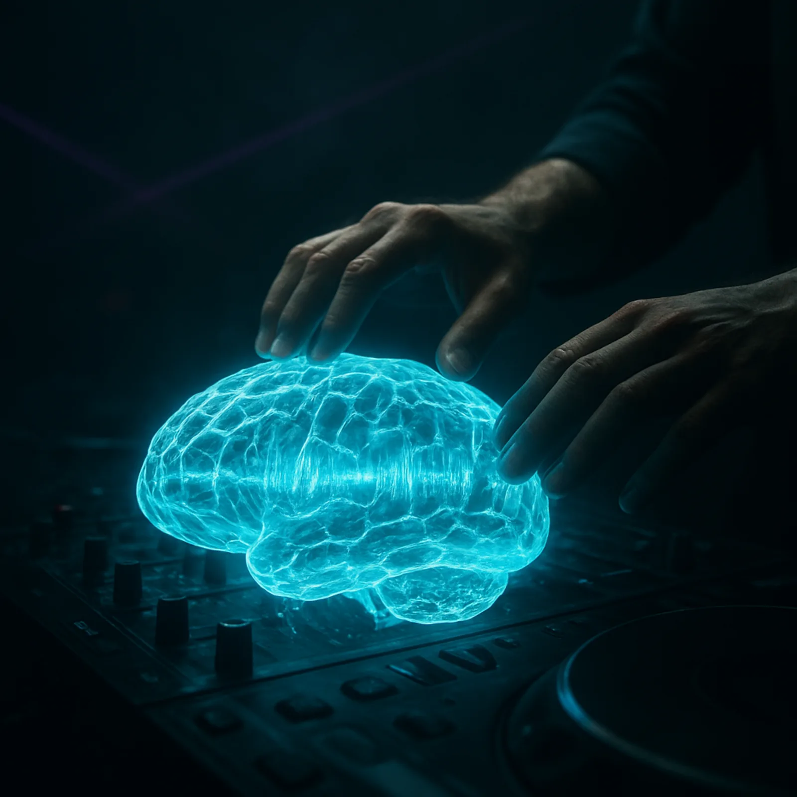Hands on a glowing holographic brain above a DJ deck — the Mastermind vision