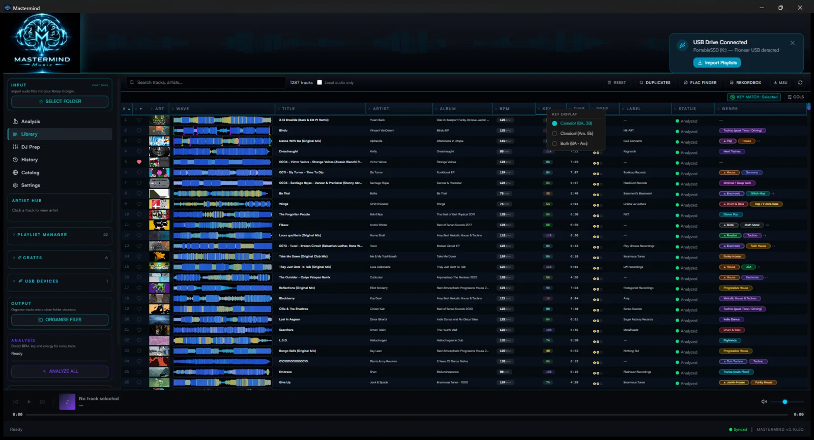 The key-notation menu offering Camelot, Classical and Both display modes
