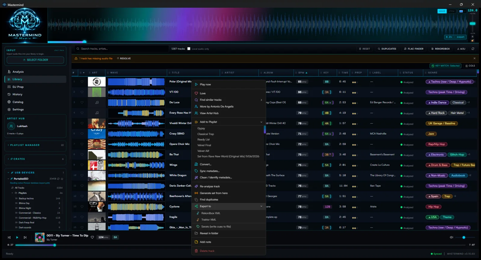 The export menu with rekordbox XML, Traktor and Serato options