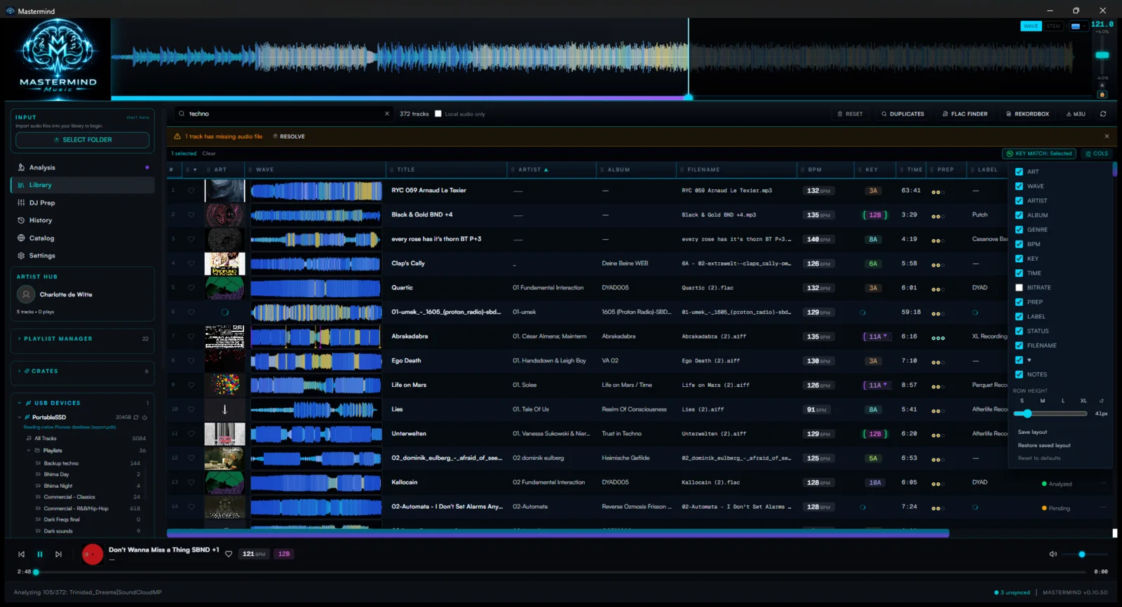 Live search filtering the track table