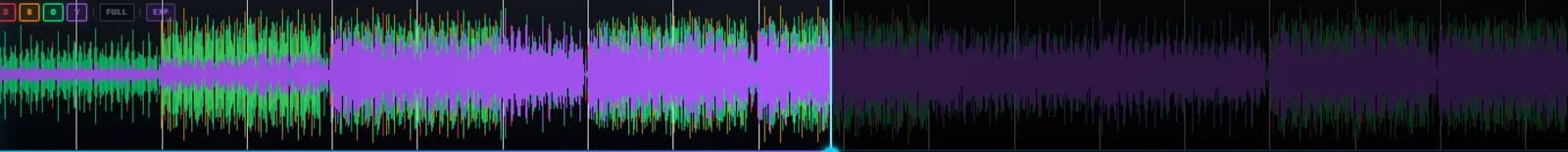 Mastermind waveform in stem mode showing vocals, drums, bass and other as separate colours